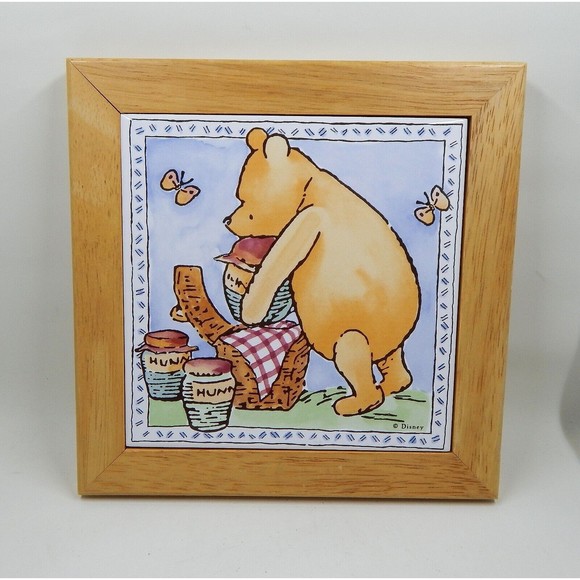 Disney Winnie The Pooh Ceramic Tile Trivet Wall Hanging Wooden Frame - Picture 1 of 8